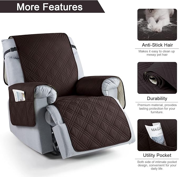 TAOCOCO 100% Waterproof Recliner Chair Covers, Non Slip Recliner Covers for Recliner Chair with Pocket, Washable Reclining Chair Cover Furniture Protector for Kids,Dogs(25'', Coffee)