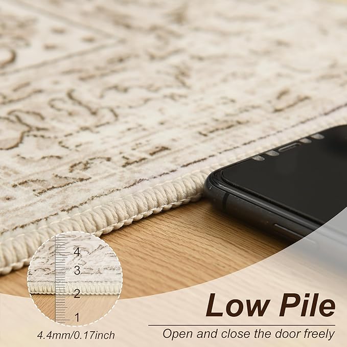 XWZO Runner Rug 2x6ft, Washable Hallway Runner with Non-Slip Backing, Spill Stain Resistant Floor Mat for Entryway Corridor Bedroom Kitchen Living Room, Soft Low-Pile Area Carpet, Beige