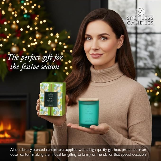 Pine Candle - 9.7 oz /275g 45-55 Hours Burn Time in Green Frosted Glass Jar with Wooden Lid and Wooden Crackling Wick in Luxurious Gift Box - Natural, Refreshing and Energising