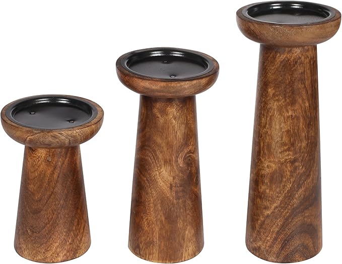 Hand Crafted Wooden Pillar Candle Holders Set of 3, Ideal for LED and Pillar Candles, Gifts for Wedding, Christmas, Party, Home, Spa, Reiki, Aromatherapy, Votive Candle Gardens - 10, 8, 6 Inch - Burnt