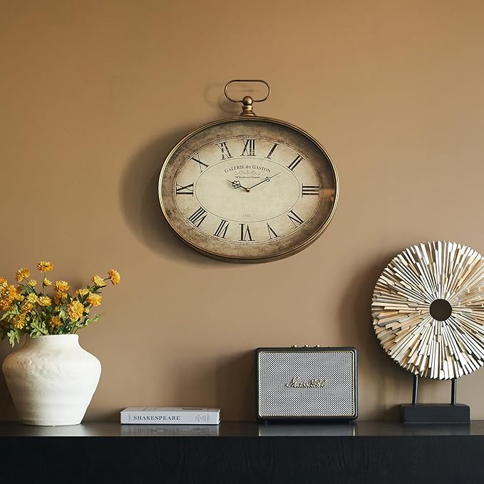 Vintage Decorative Wall Clock - 16 inch, Oval Pocket Watch Design, Retro Gold, Roman Numerals, Battery Operated, Large Antique Wall Clock for Living Room, Entryway, Kitchen, Bedroom, Bathroom, Office