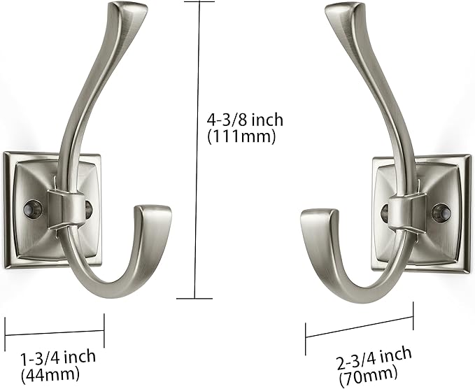 Large Wall Hook Pack, Brushed Satin Nickel, 4.35 Inch Double Robe and Coat Hooks, Towel and Bag Hangers, Wall Mounted with Screws