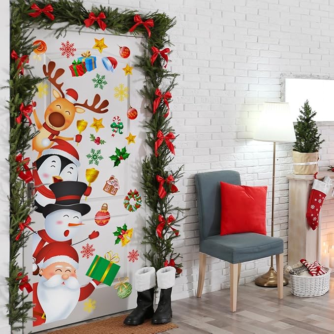 44.9x15.7 Inch Large Christmas Door Stickers Decor Removable Santa Snowman Snowflake Door Decal for Living Room Kids Bedroom Decorations Winter Xmas Holiday Party Festival Gift