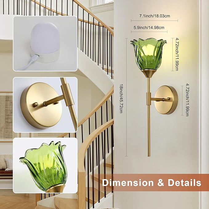 2 Pack Battery Operated Wall Sconce with Green Glass Lampshade, Mid Century Bathroom Vanity, Wireless Rechargeable RGB Wall Light with Remote Control, for Bedroom Mirror Living Room