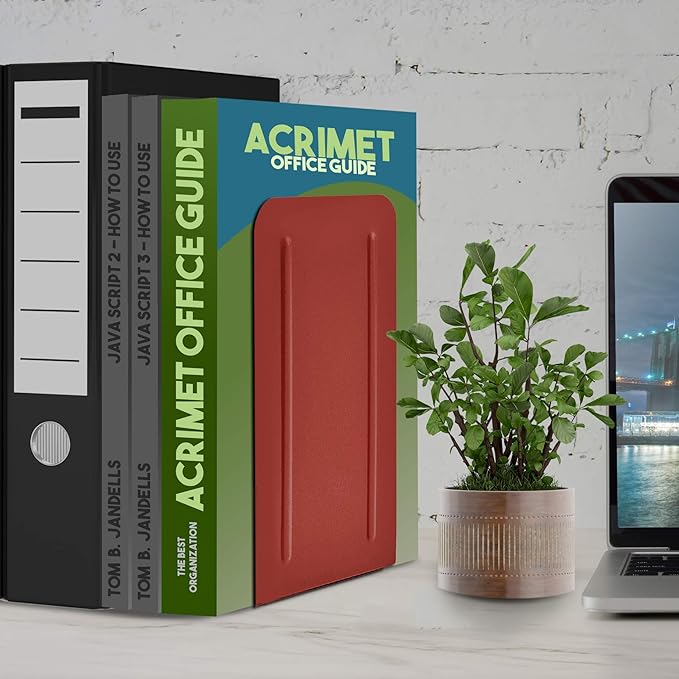 Acrimet Metal Bookends, Jumbo Size 9" H x 4" W x 4-1/2" D, Non-Skid Book Stand for Shelves, Heavy Duty Book Stopper, Red, 1 Pair
