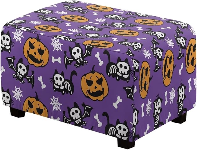Spooky Halloween Ottoman Cover with Pumpkins, Bats & Ghosts - Stretchable, Form-Fit Slipcover for Rectangular Footstools, Easy Install & Care (33x30x15 Inch)