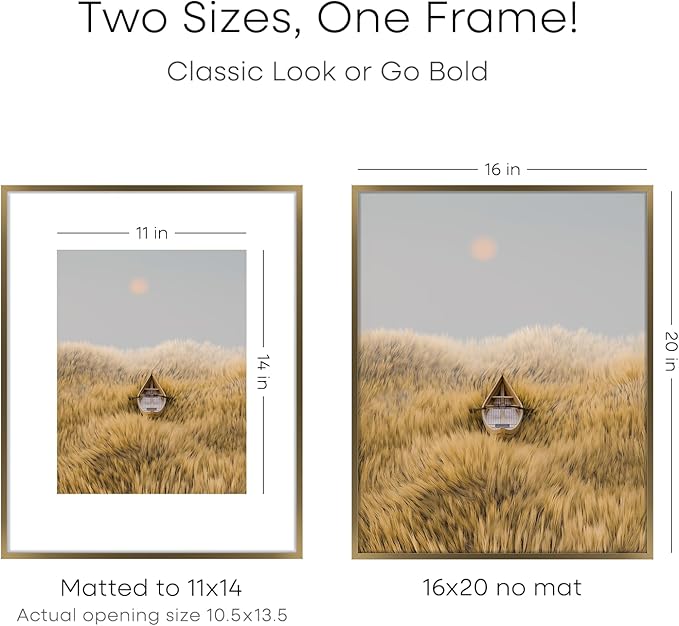 Homeforia Picture 16x20 Bronze Frame, High End Metal 16x20 Brass Poster Frames with Mat 11x14 for Photo, 16 x 20 Frame Matted to 11 by 14 Print, 20x16 Hanging Frames, Tempered Glass, Wall Kit, Set of 2