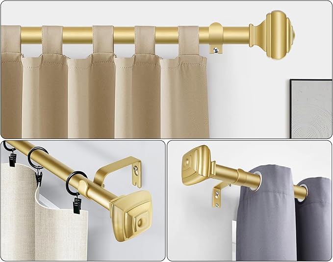 Adjustable Curtains Rods for Windows 48 to 84 Inch, USFOOK 7/8 Inch Splicing Single Curtain Pole Set, Decorative Drapery Rods 32 to 86 Inch for Home, Gold Square Finials