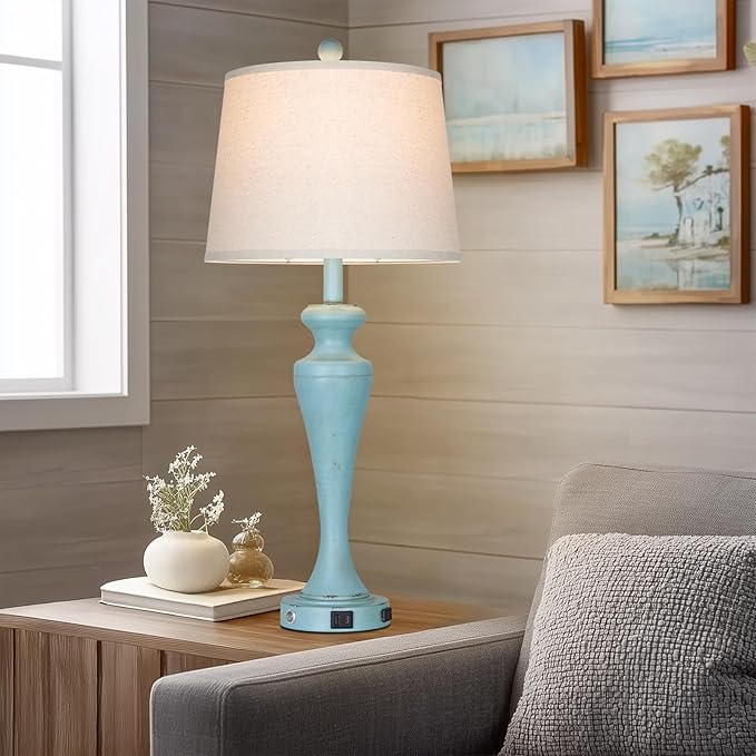 30" Blue Table Lamps Set of 2, Touch Control Farmhouse Living Room Lamp with USB A+C Ports and AC Outlet, 3-Way Bedside Lamps for Nightstand, Vintage Bedroom Lamp, 2 Bulbs Included