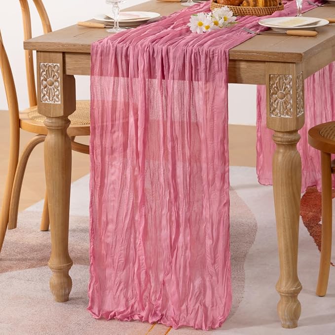 MLMC 3 Pack Mauve Pink Table Runner 10ft Sheer Gauze Spring Cheesecloth Valentines Table Runner Bulk Rustic Cheese Cloth Decor 35x120 Inches for Boho Wedding Bridal Baby Shower Birthday Party Decor