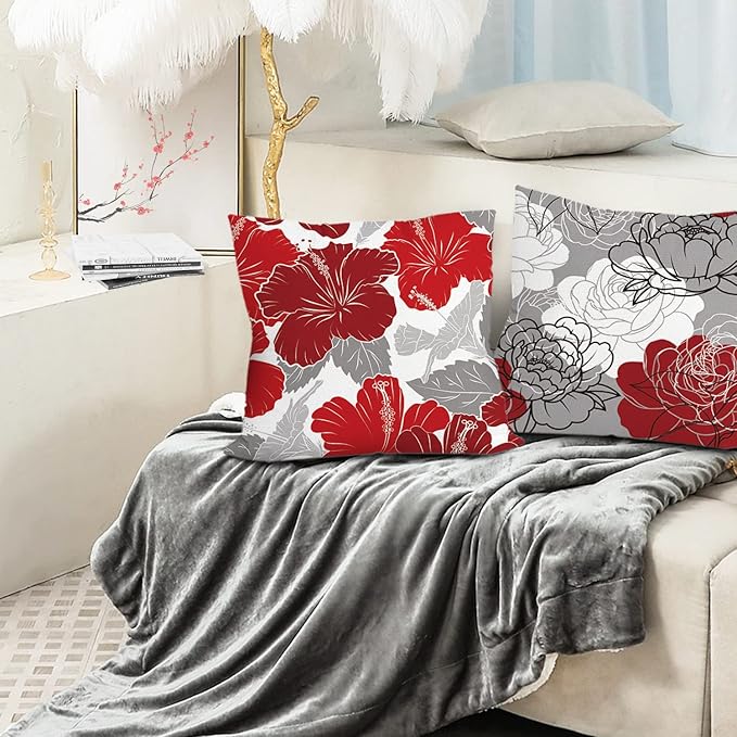 COMMINY Red Grey Pillow Covers 16x16 Set of 6 Decorative Burgundy Daisy Throw Pillow Cover for Couch Modern Farmhouse Cushion Cover for Patio Sofa Bed Living Room Home Decor