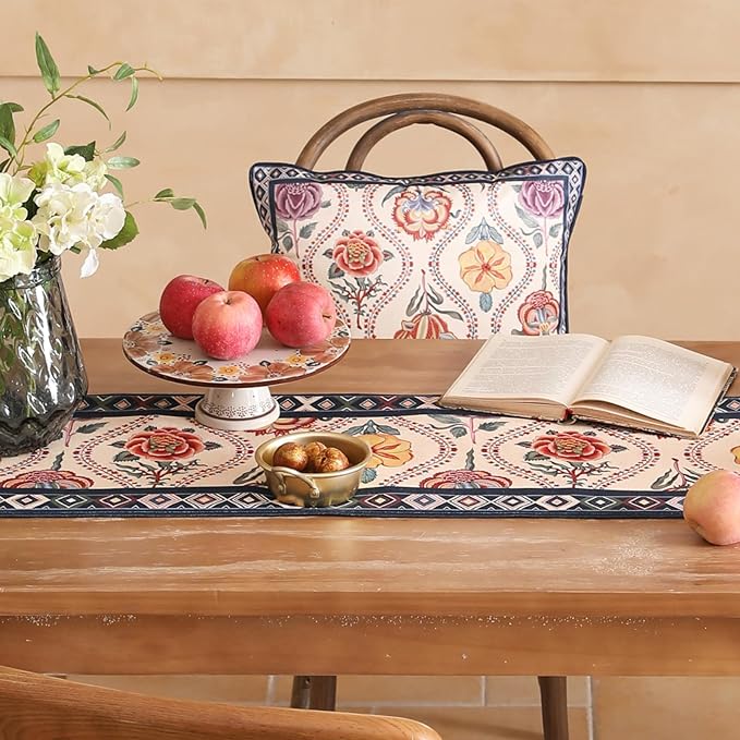 Rectangular Flower Table Runner 87 Inches Long,Farmhouse Linen Floral Table Runners with Navy Blue Border,Fall Decorations for Home Thanksgiving Christmas Party.12*87"-Lanae