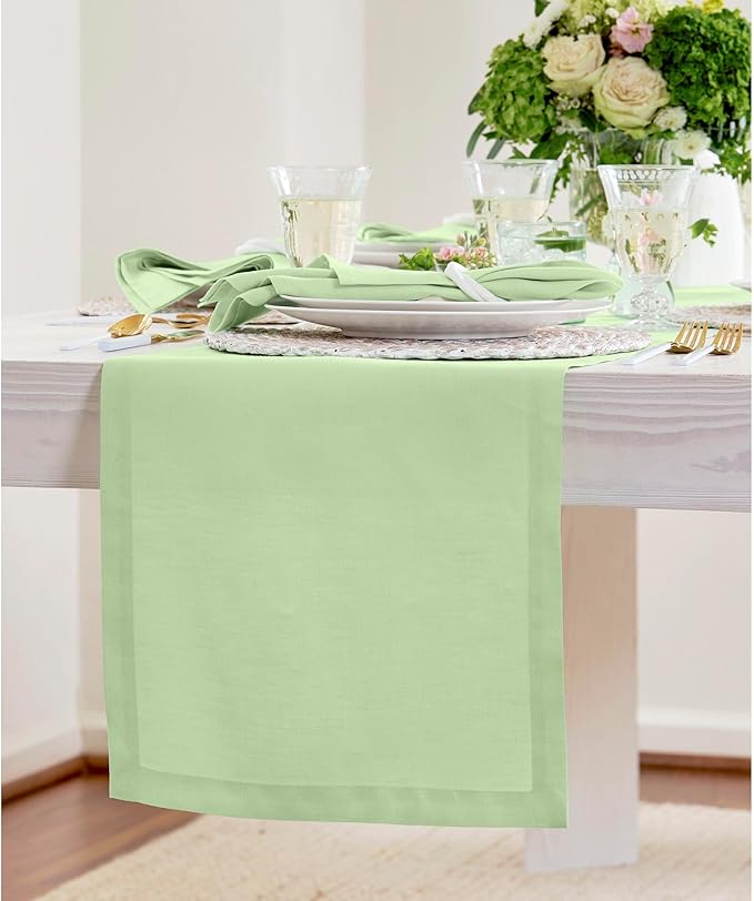 Solino Home Linen Table Runner 108 Inches Long - 100% Pure Linen Pastel Green Table Runner 14 x 108 Inch for Spring, St Patricks Day, Easter - Fete