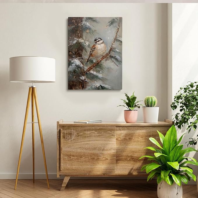 VintageChristmas Bird Wall Art,Winter Bird Poster, Christmas Tree Christmas Decor,Bird Art,Rustic Winter Art,Christmas Seasonal Decor,Holiday Decor 12x16inch Unframed