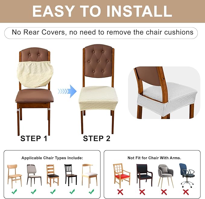 Genina Waterproof Seat Covers for Dining Room Chairs Covers Dining Chair Slipcovers Protector, No Rear Covers (White, 4 Pcs)