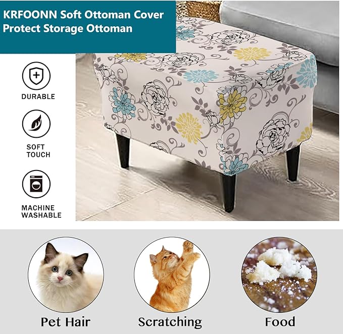 KRFOONN Stretch Ottoman Cover Slipcovers Rectangle Fit Length 27"-35" Footrest Stool Covers Printed Ottoman Cover for Foot Stool Furniture Protector with Non Slip Elastic Bottom, Color 29