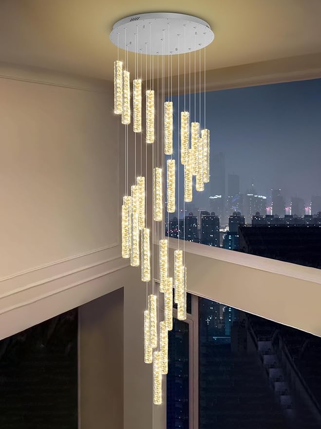 Large Staircase Chandelier 130inch Long Spiral Crystal Chandelier for High Ceiling Foyer Entrance 25-Lights Silver LED Dimmable 3000-6000K