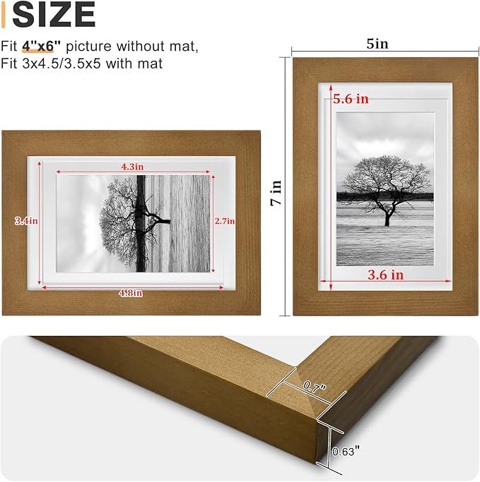 Egofine 4x6 Frames Set of 4, Made of Solid Wood Covered by Plexiglass 3x4.5 and 3.5x5 with Mat or 4x6 without Mat, for Table Top Display and Wall Mounting Photo Frame, Light Brown