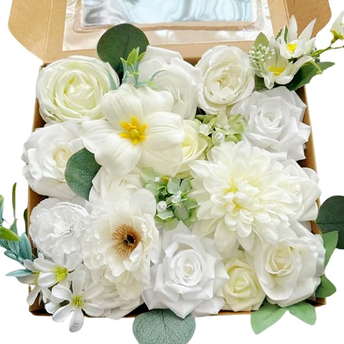 White Artificial Flowers Box Set Wedding Silk Fake Flowers for DIY Bouquets Table Centerpieces Garland Wreaths Baby Shower Party