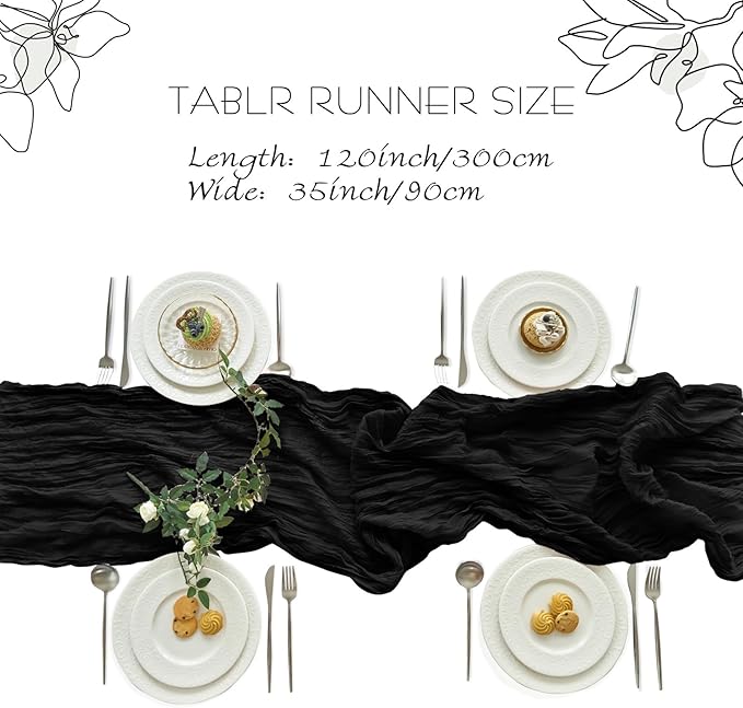 IVAPUPU 10 Pcs Cheesecloth Halloween Table Runner - 10ft Black Boho Gauze Black Cheese Cloth Table Runners for Halloween Decor Indoor Baby Shower Decoration Wedding Party Summer Garden Farmhouse