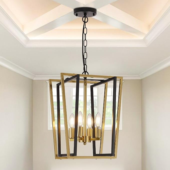 WJShome 4-Light Black and Gold Chandelier,Farmhouse Hanging Lantern Pendant Light,Industrial Ceiling Foyer Lighting Fixtures, Adjustable Height Modern Chandelier,for Kitchen Island,Hallway,Entryway