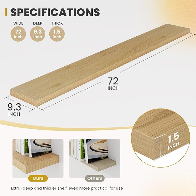 72 Inch Floating Shelves, 9.3" Deep Floating Shelf Wall Mounted, 72" Wall Shelves, Rustic Deep Bookshelf, Large Display Shelves & Storage Shelves for Bedroom, Living Room, Oak, Set of 2