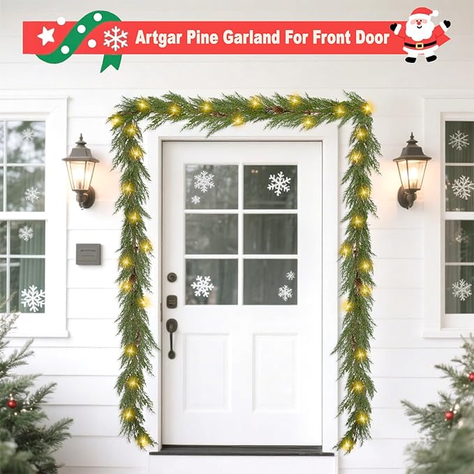 Artgar 2Pcs Christmas Cedar Garland, 6 Ft Realistic Pine Garland, Prelit Christmas Garland with 30 Warm Lights with 8 Light Modes for Mantels Stair Table Indoor Outdoor Winter Xmas Decor (Green 2Pcs)