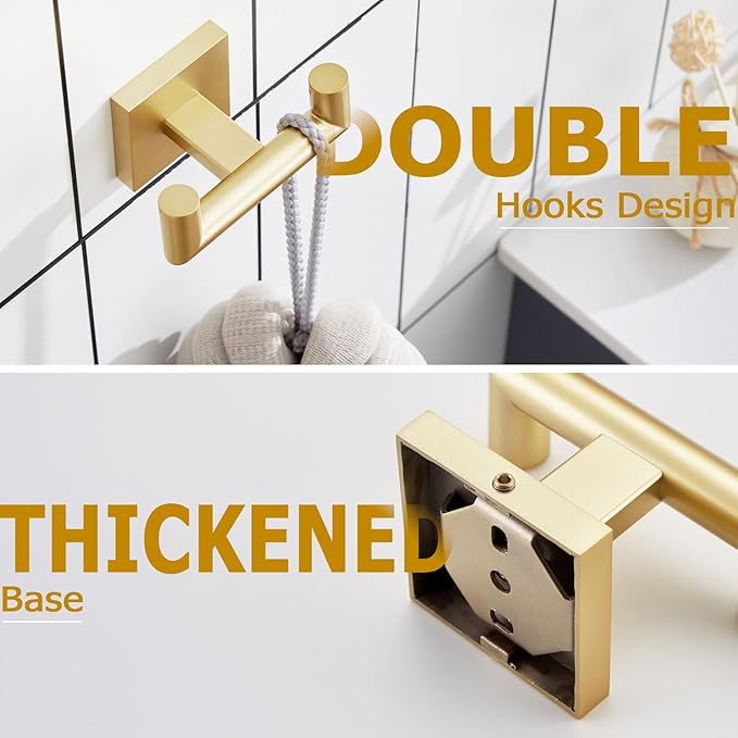 KOKOSIRI Robe Hooks Bathroom Double Towel Coat Hook for Bath Kitchen Wall Mounted, 2 Pack Brushed Gold Stainless Steel B1015BG-P2