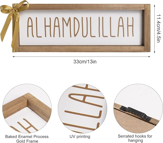 Alhamdulillah Sign, Wooden Ramadan Eid Mubarak Table Decor, Islamic Decorative Signage Wood Plaque Indoor Tabletop Centerpiece Wall Shelf Desk Mantel Rustic Decorations for Home, Muslim Gift