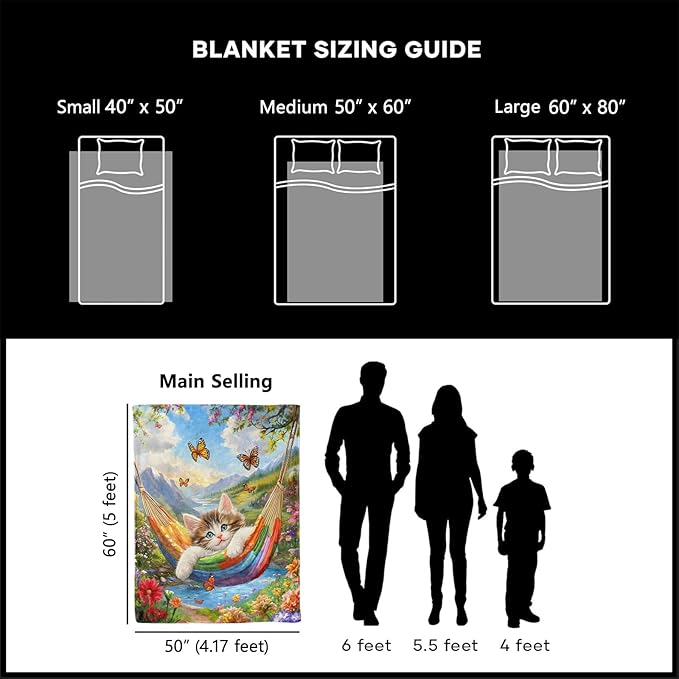 Cute Cat in Hammock Blanket, Cozy Plush Throw Blanket for Couch Bedroom Outdoor, Lightweight Soft Flannel Travel Blankets, Gifts for Women Adults Kids, Warm Decor 40"×50"