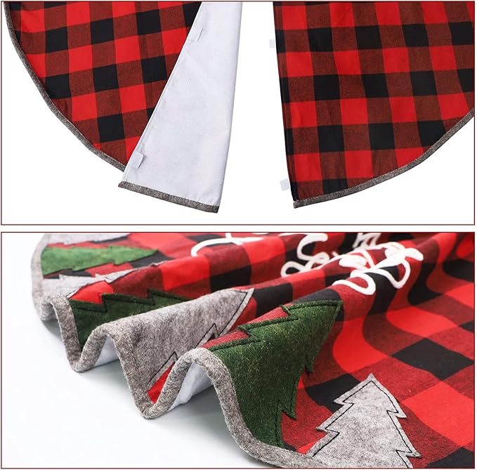 Juegoal 32 Inch Christmas Tree Skirt, Soft Red and Black Plaid Christmas Tree Mat for Xmas Party Decoration, Merry Christmas Base Cover for Christmas Tree Holiday Decor