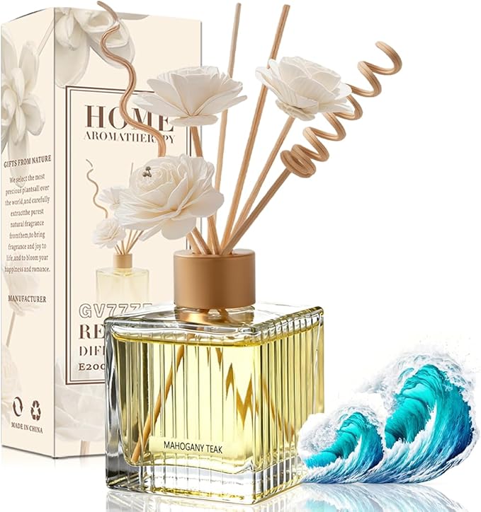 Ocean Breeze Reed Diffuser Set - 6.7 oz Glass Bottle with 4 Rattan Sticks, 3 Dried Flowers | Adjustable, Long-Lasting Scent for Home, Bedroom, Living Room, Office, Bathroom | Aromatherapy Gift Set