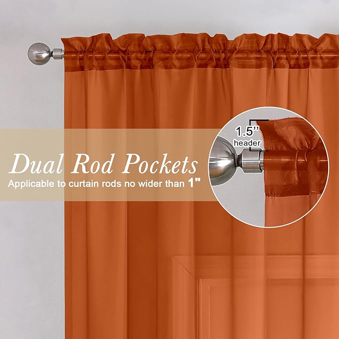 Lecloud Orange Sheer Curtains 96 Inches Long 2 Panels, Light Filtering Voile Airy Curtains, Balance Light Privacy Window Treatments with Rod Pocket for Bedroom Living Room, Each 42" W x 96" L