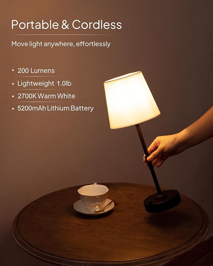 EppieBasic Cordless Table Lamp Rechargeable: Fast Charging & Long Lasting - 2700K Warm Light Vintage Brass Lamps - Dinning Living Room Bedroom - Black