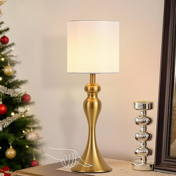 Table Lamp for Bedroom, Cordless Bedside Lamps for Living Room, Touch 3-Way Dimmable Desk Lamp for Night Stands, Rechargeable, Battery Operated Lamp with Fabric Shade for Dorm, Home Office (Brass)