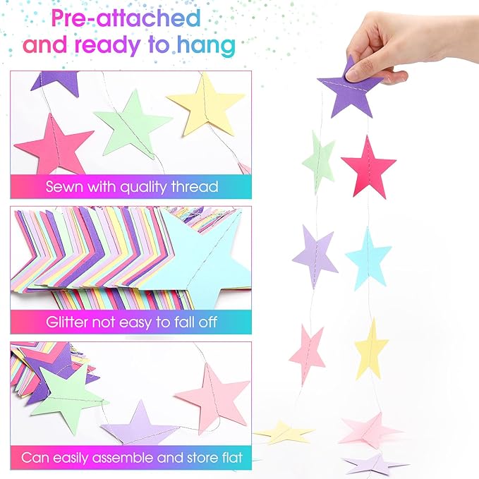 Patelai Glitter Star Garland Banner 2026 New Years Decor 130 Feet Star Hanging Banner Twinkle Backdrop for Birthday Classroom Wedding Christmas Party Supplies(Macaron Color)