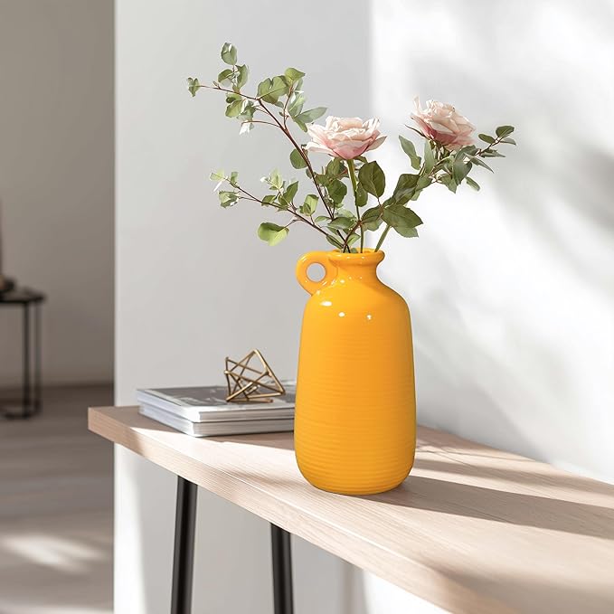 Sunddo Yellow Ceramic Vase for Home Decor -10 inch Modern Handled Decorative Vases for Flowers, Living Room, Kitchen, Shelf, Entryway and Centerpiece Table Decorations