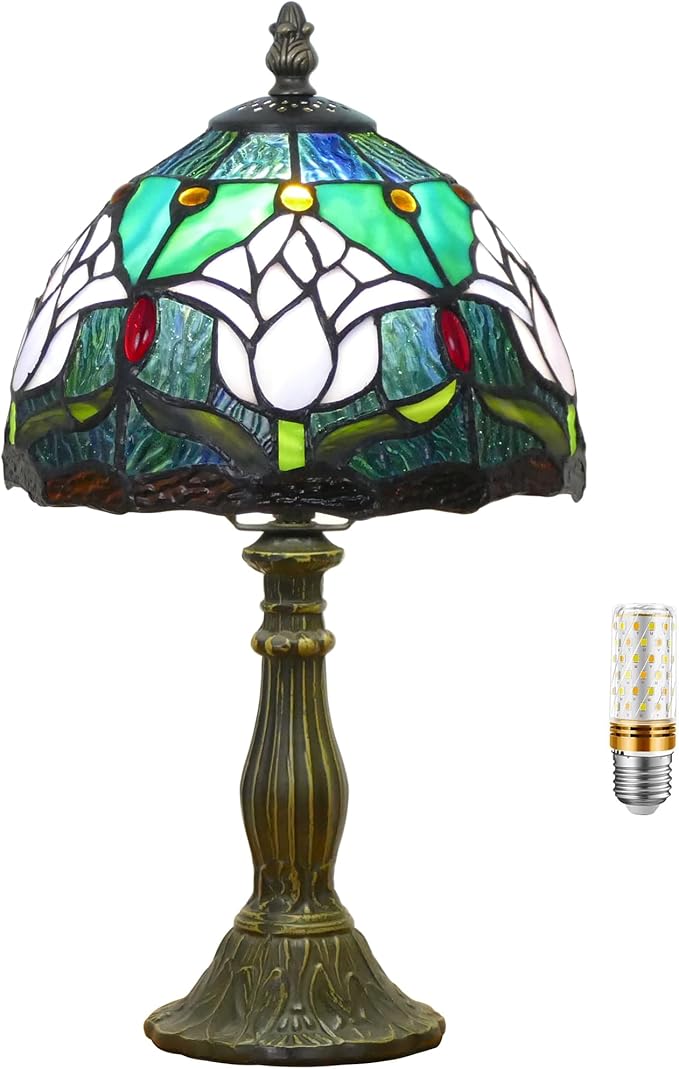 Small Tiffany Lamp Stained Glass Table Lamp Mini Accent Lamp Handmade Desk Memory Lamp Sympathy Bedside Night Light 8X14 Inch (Tulip Flower Style)