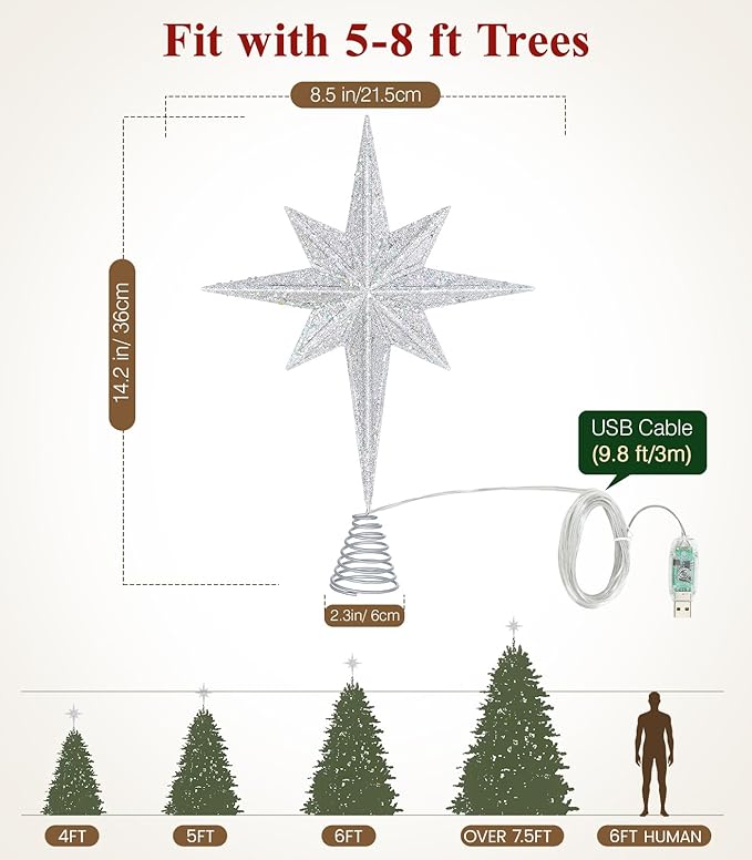 Luxspire Christmas Tree Topper, Lighted Star Tree Topper with USB Plug-in & Remote Control, 10" LED Christmas Decorations Light, Xmas Trees Vintage Ornament for Home, Bethlehem Star-Silver