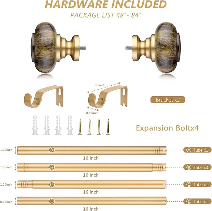 Gold Curtain Rods for Windows 48 to 84 Inches,Adjustable 1 Inch Heavy Duty Drapery Curtain Rods with Marbled Finials for Bedroom,Living Room