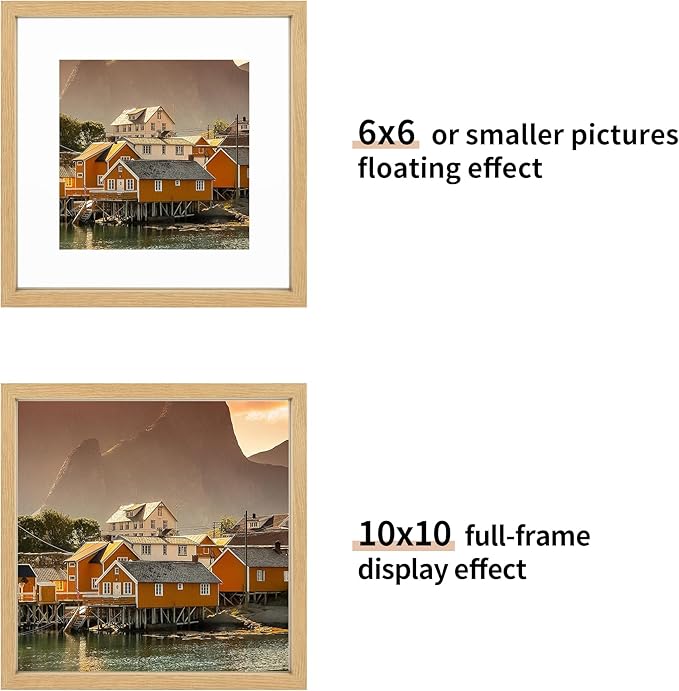 10x10 Floating Picture Frame Set of 2, Double Glass Photo Frame Wooden Frame for Wall Mount or Tabletop Displays for 5x7, 6x8, 7x9 inch Pictures, Plane Edge Frames, Natural