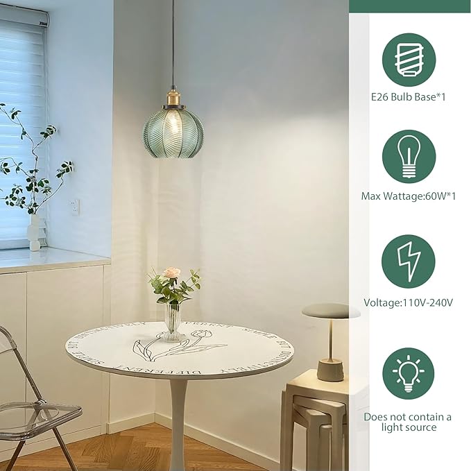 7.8in Vintage Pendant Light 1- Light Kitchen Sink Pendant Lights with Green Hand Blown Glass Small Hanging Lamp for Kitchen Island Dining Room Bedroom Bathroom Hallway E26