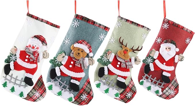 Christmas Stockings Personalized 4 Pack - Customized Small Xmas Stockings Bulk with Reindeer, Santa Claus, Snowman, Bear for Christmas Home Decorations, Set of 4