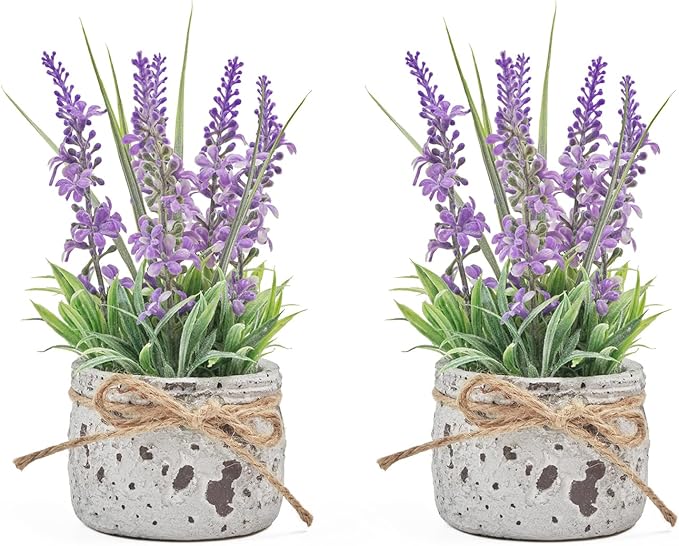 Small Fake Plants with 2 Pack, The Lavender for Bathroom Shelf Decor, Lavender Plant for Home Living Room Office Bedroom Table Tray Shelve Farmhouse Decor Indoor