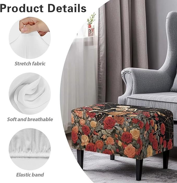 Soft Stretch Ottoman Slipcover Flower Skull Washable Rectangle Footrest Stool Cover Anti Scratch Furniture Protector with Elastic Bottom for Halloween Footstools Decor Size S