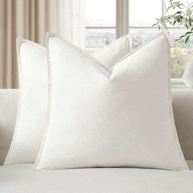 EMEMA Decorative Linen Throw Pillow Covers 18x18 Inch Cream Boho Farmhouse Neutral Couch Throw Pillows for Bed Pack of 2 Accent Pillowcase Modern Sofa Cushion Livingroom Home