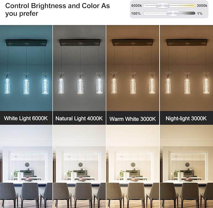 Pendant Lights Kitchen Island with Remote Control, Dimmable Brushed Nickel & Clear Cylinder, Adjustable Height Kitchen Pendant Lights, Island Lights for Kitchen, Modern Lighting Fixture
