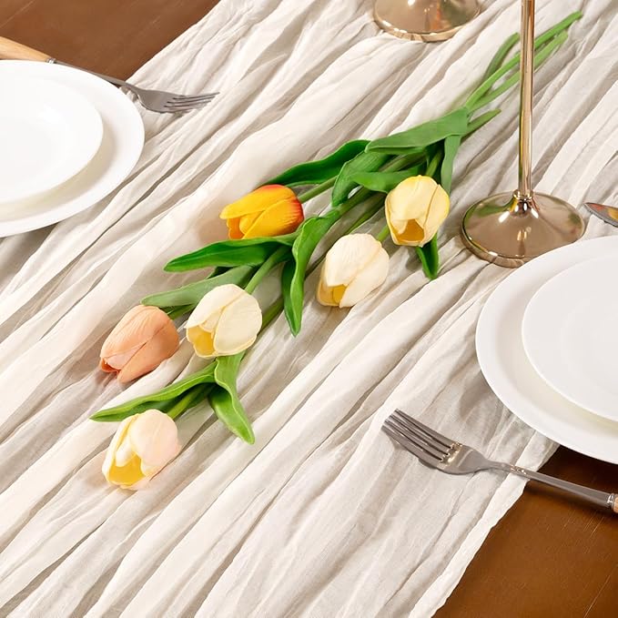 Ivory White Cheesecloth Table Runner 3pcs Valentine's Day Cream Boho Gauze Spring Table Runner 22×120 inches 10FT Table Decor for Farmhouse Wedding Baby Shower Birthday Party Ceremony