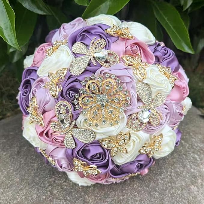 Handmade Floral Satin Rose Butterfly Shape Rhinestone Bridal Bouquet Luxury Golden Rhinestone Artificial Flowers for Wedding
