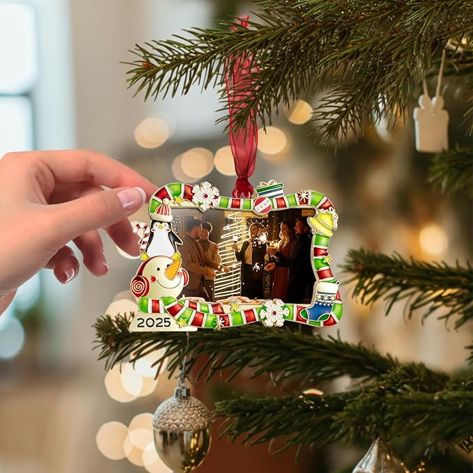 2025 Christmas Tree Ornament Picture Frame Ornament Made of Zinc Alloy Glitter Powder Pendant 3x2 Picture Frame for Pet, Baby Holiday Keepsake Gift (Snowman Snowflake, Golden)